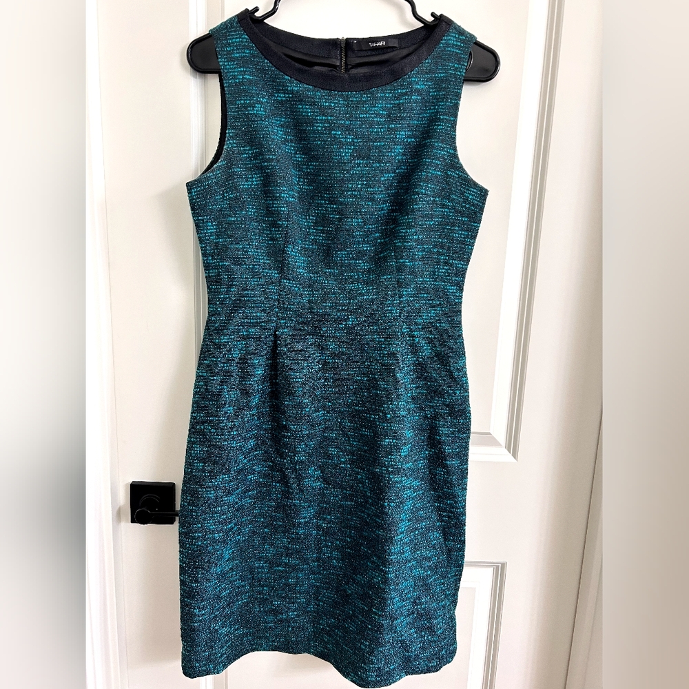 Tahari Blue Sleeveless Crew Neck Midi Dress